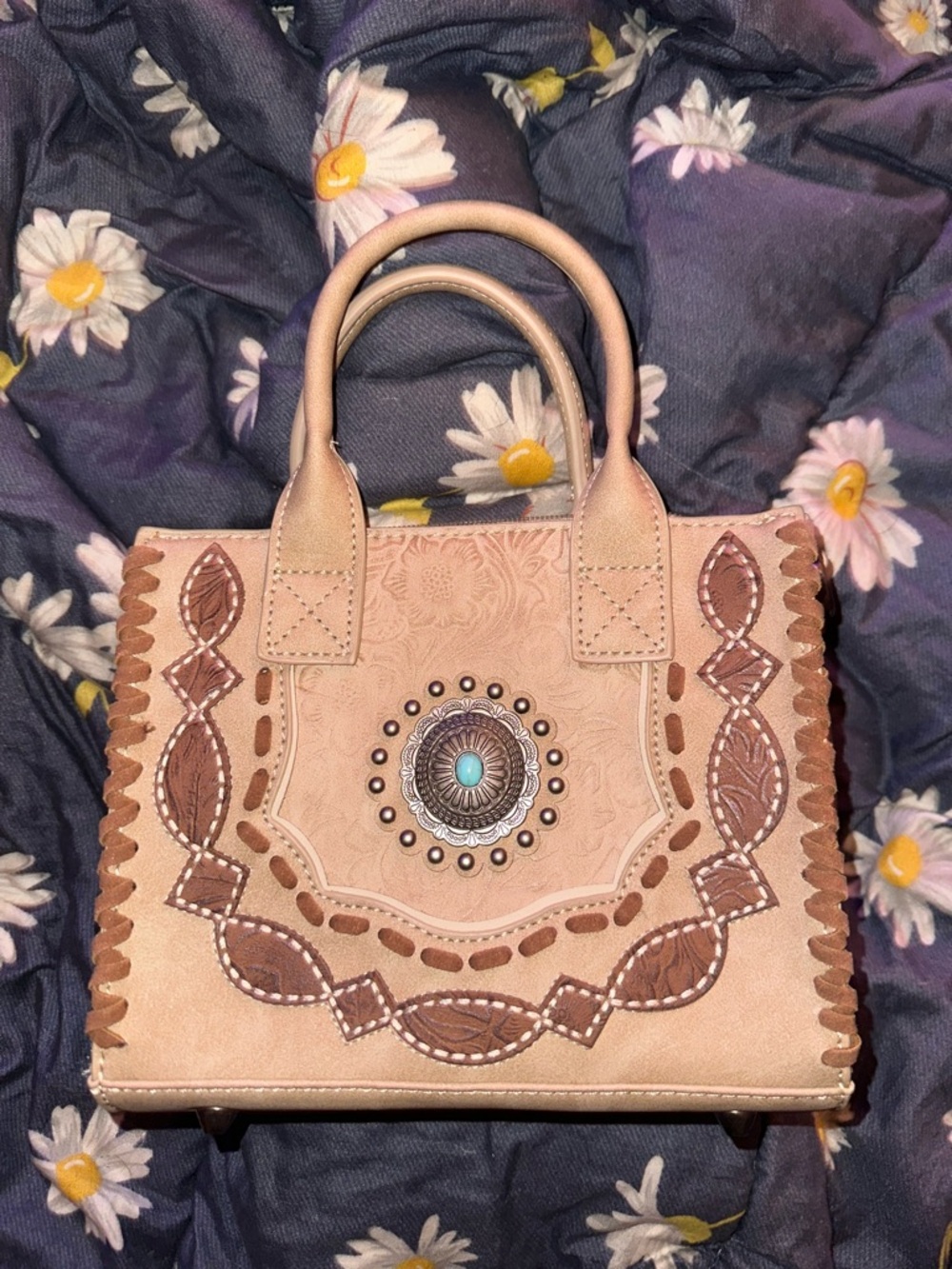 Montana West Beige and Brown Embossed Satchel with Turquoise Concho